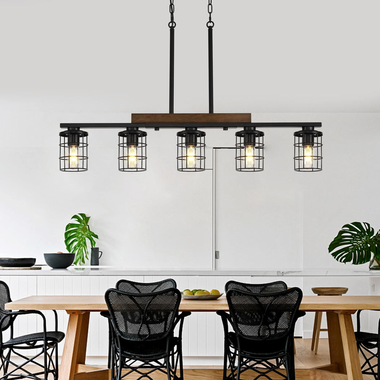 LmnLvn Dining Room Light Fixture/Chandelier Over Table, 36.2-Inch Hanging for Farmhouse Linear Chandeliers,5-Light Kitchen Island Lighting, Black Rustic Wooden Ceiling Chandelier,with Metal lampshade LmnLvn