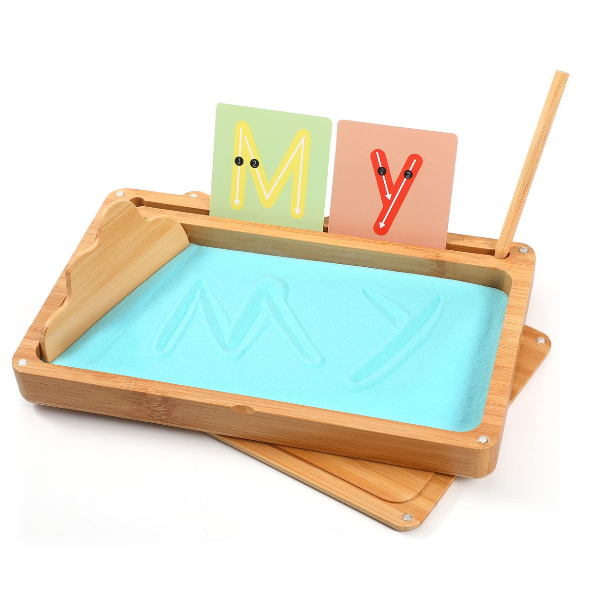 AtMini Sand Tray for Classroom Montessori Sand Tray with Lid Wooden Sand Trays for Kids Writing Letters and Numbers (Blue) AtMini
