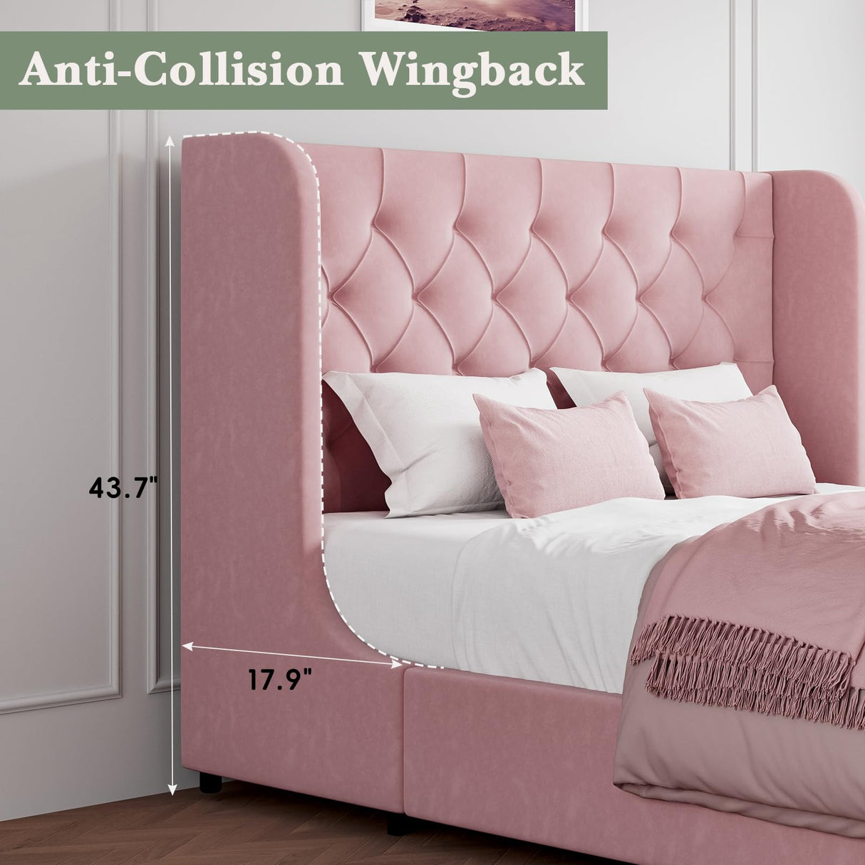 King Size Bed Frame, Pink Upholstered Bed Frame King with Wide Wingback, Softly Curved Wings Velvet Headboard, Sturdy Wooden Slats Support, No Box Spring Required, Noise Free, Easy Assembly, Pink HOMBCK