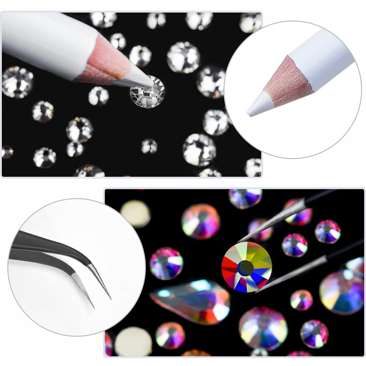 Nail Art Rhinestones Kit HUETFAT 2400pcs Nail Gems Ab Flatback Rhinestones Gems Stones, with Storage Organizer Box/Wax Pencil/Tweezers 6 Sizes (1.5-4.5 mm) for Nail Art Craft (2400pcs) HUETFAT