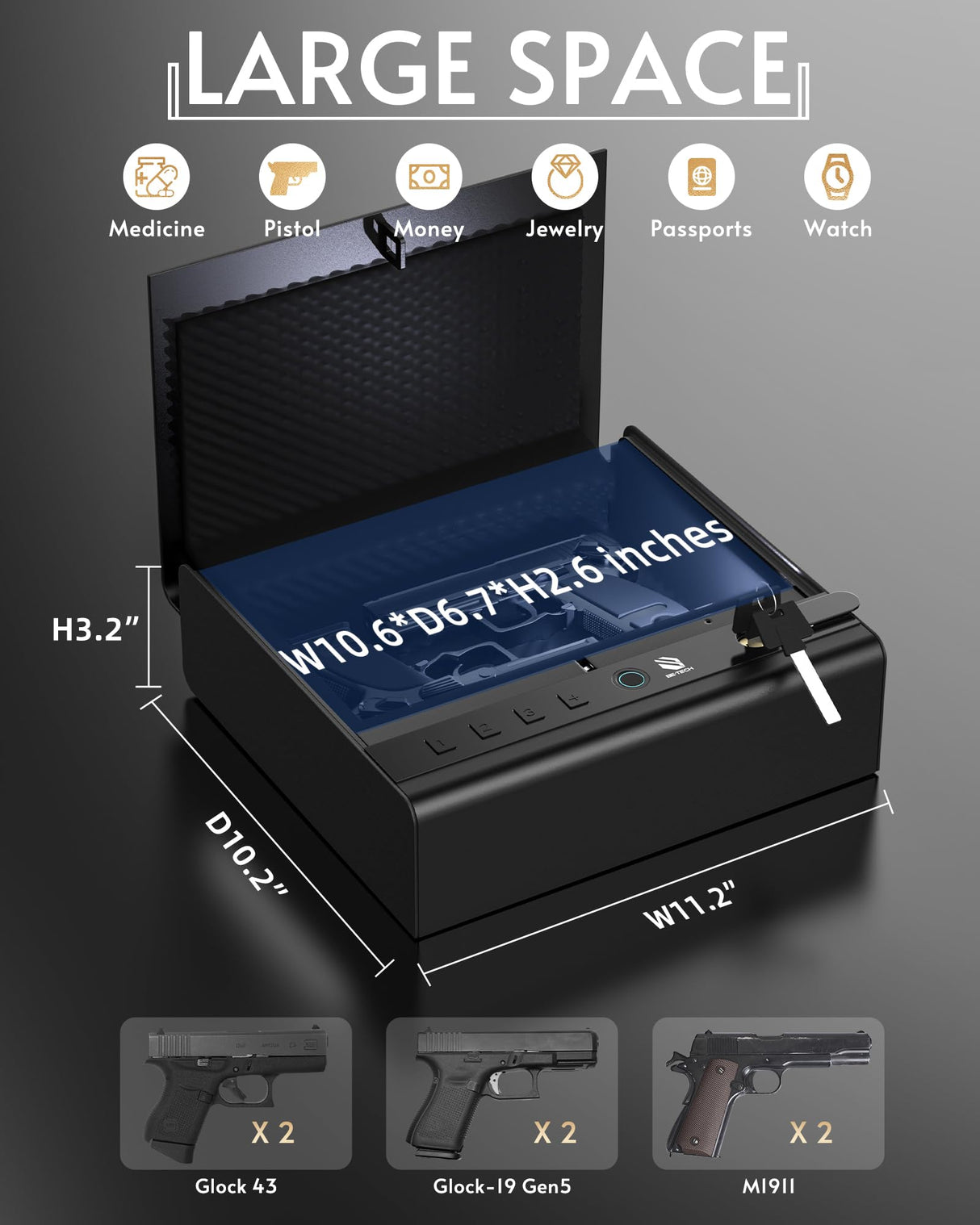 BE-TECH Gun Safe for Handgun, Large Capacity Biometric Pistol Safe with 99.9% Accuracy Fingerprint Quick Access - Ideal for Nightstand, Car, Bedside, Wall BE-TECH