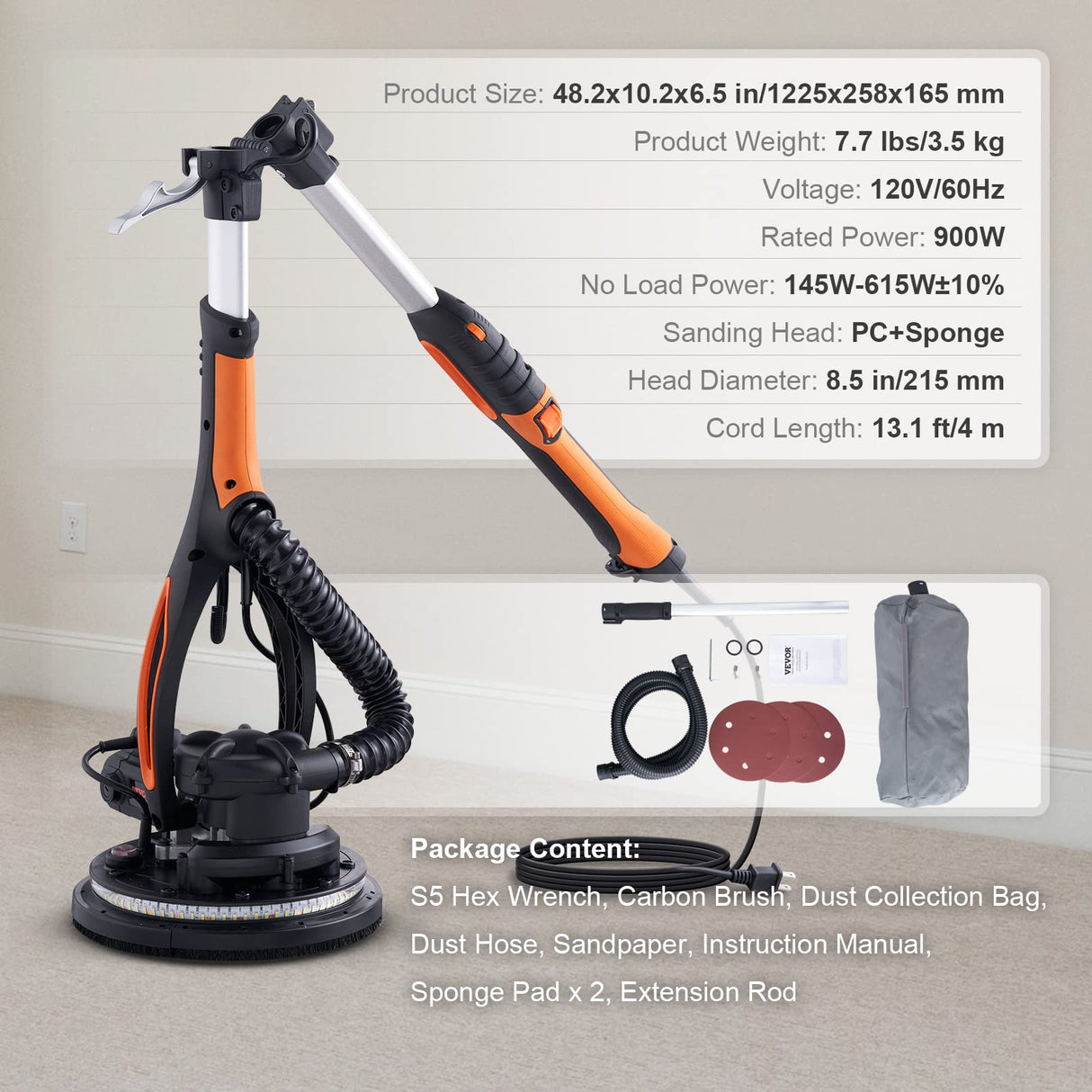 VEVOR Drywall Sander, 900W Electric Sander with 12 Sanding Discs, Variable Speed 800-1800 RPM Wall Sander with 3 Suction Ducts, Foldable Ceiling Sander & 2 LED Lights, Extendable Handle, Dust Bag VEVOR