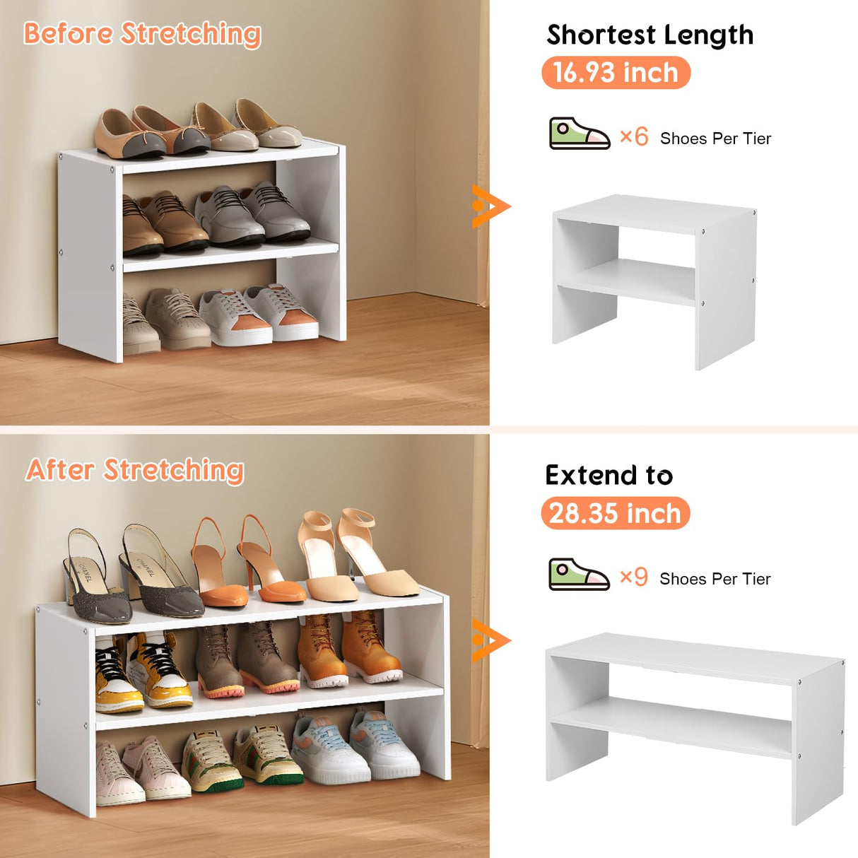 2-Tier Expandable White Shoe Rack Organizer for Closet, Stackable Shoe Rack Storage Shelf, Small Iron Wood Combination Shoe Shelves for Closets,Entryway,Front Door, Narrow Space,Hallway,6-12 Pairs Hencawima