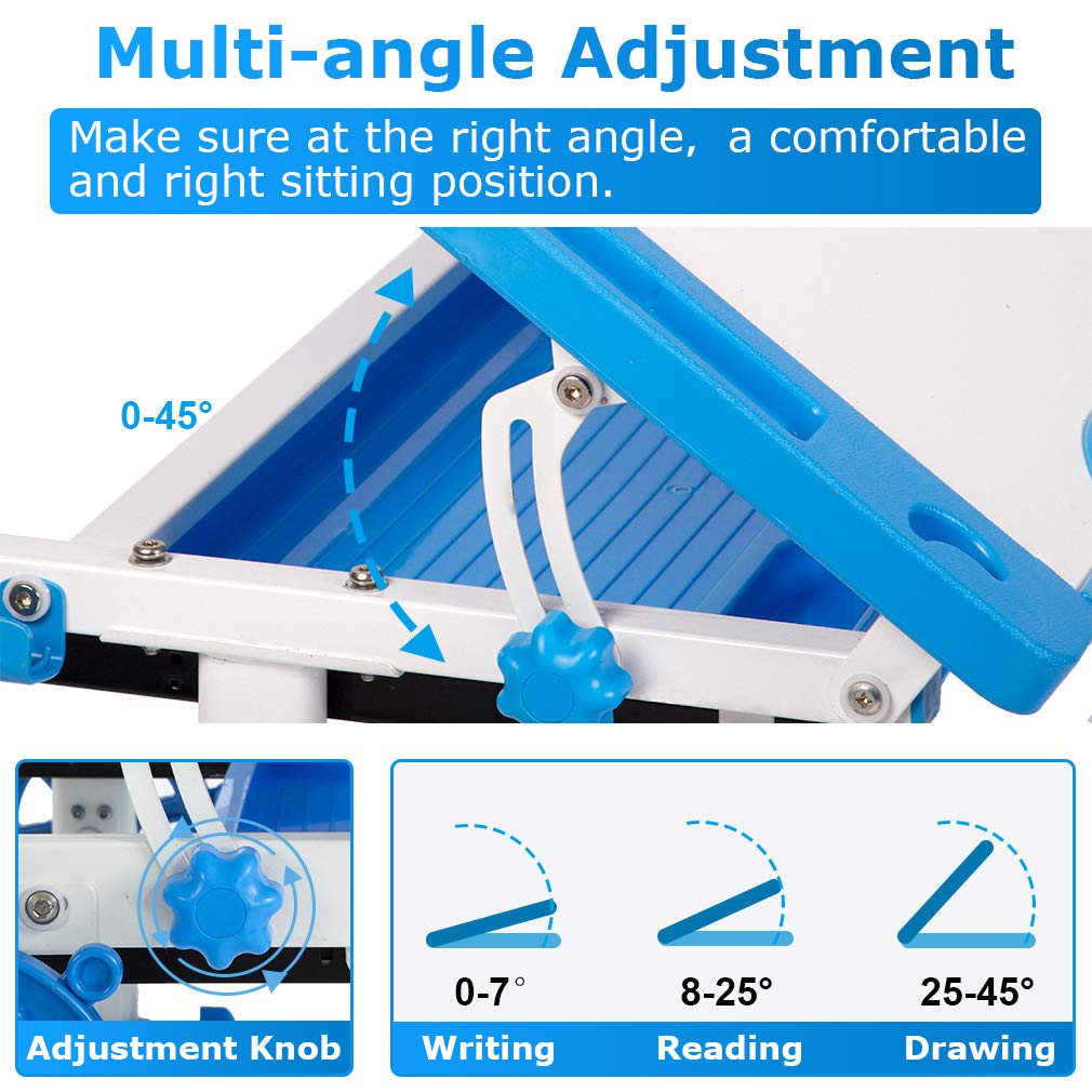 FDW Kids Study School Adjustable Height Table with Storage Blue FDW