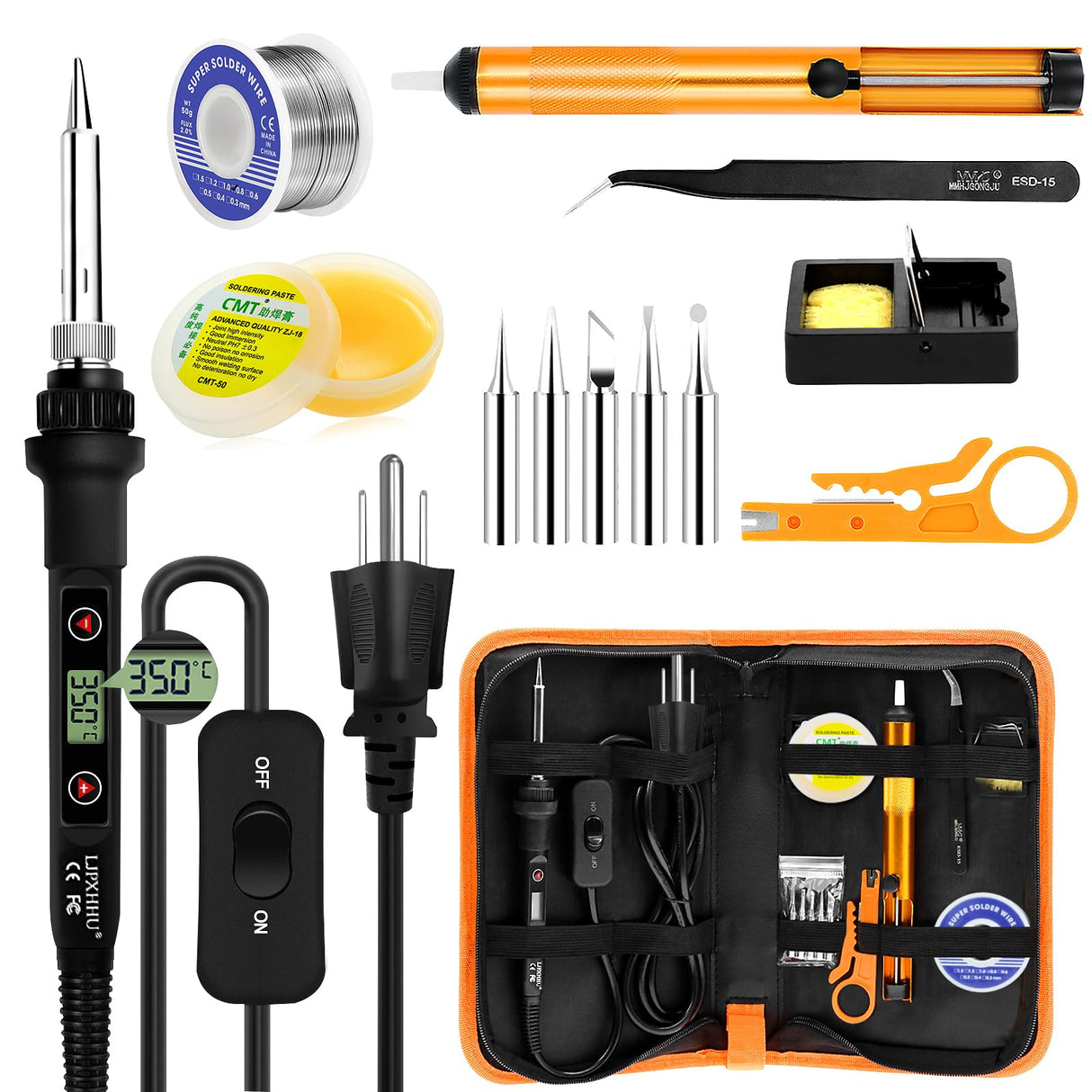 Soldering Iron Kit 80W LCD Adjustable Temperature 180-520℃ Solder Kit Electronics 13 in 1 Welding Tools with ON/OFF Switch, Solder Wire, Flux, 5 Soldering Tips, Desoldering Pump, Stand, Tweezers LJPXHHU