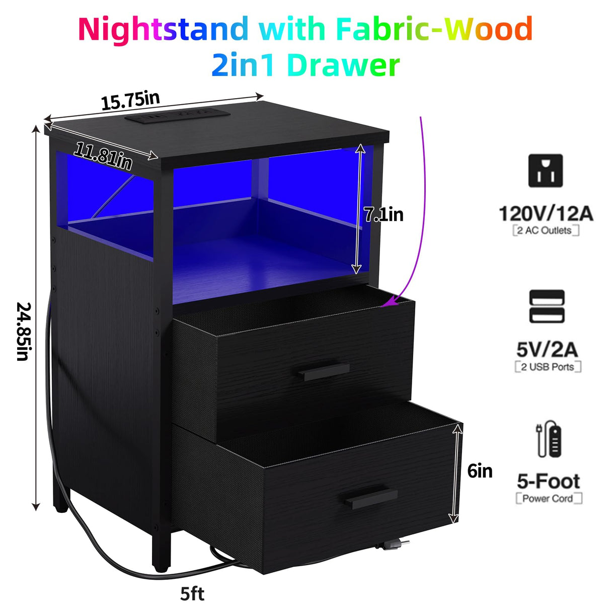 KHLJJU LED Nightstand with Charging Station, Side Table with USB Ports and Outlets, End Table for Small Spaces, Black Bedside Tables for Bedroom, Living Room, Office KHLJJU