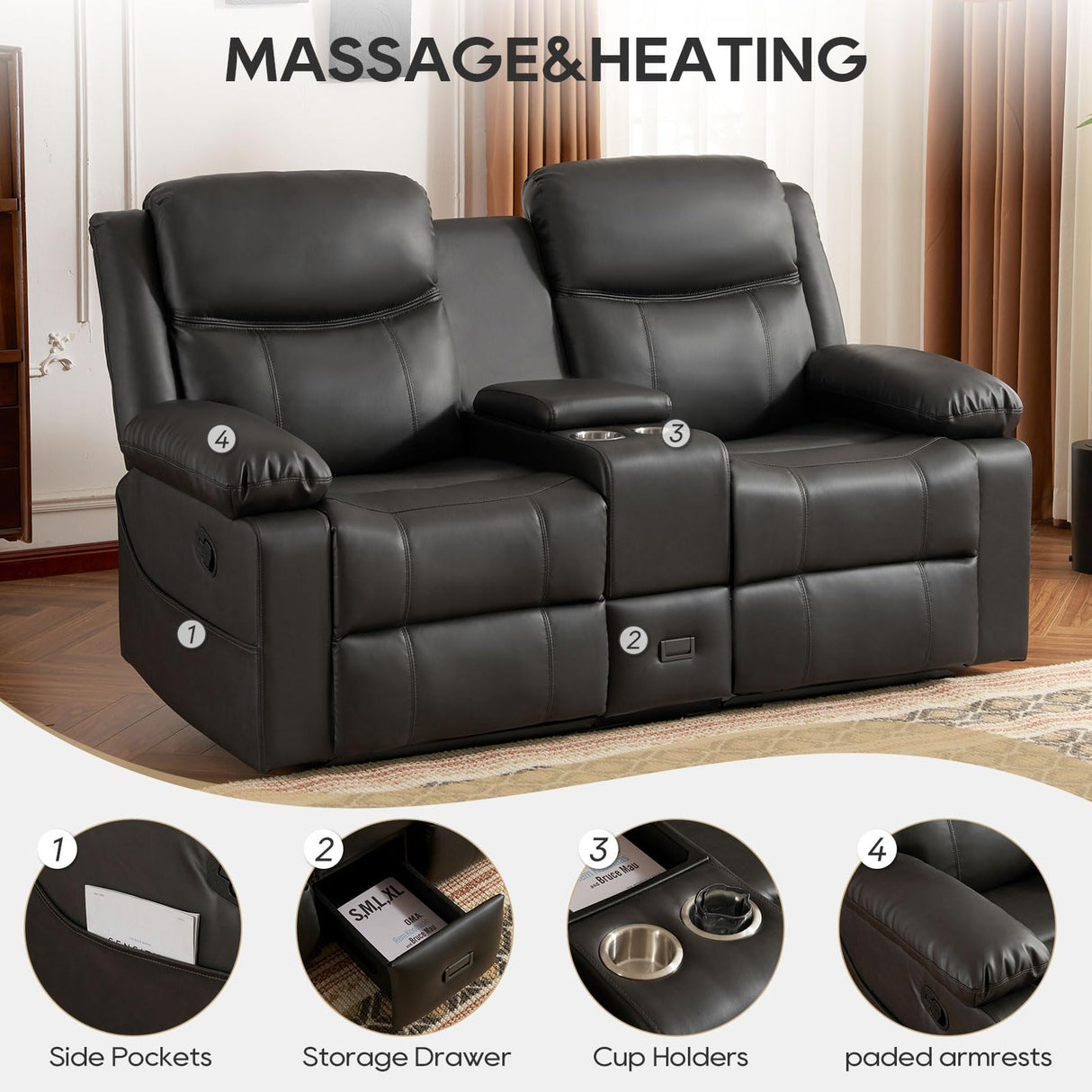 P.H.Furn Recliner Sofa, Reclining Loveseat Sofa with Massage & Heat, Reclining Couch with Side Pockets, Extra Storage, Cup Holders P.H.Furn