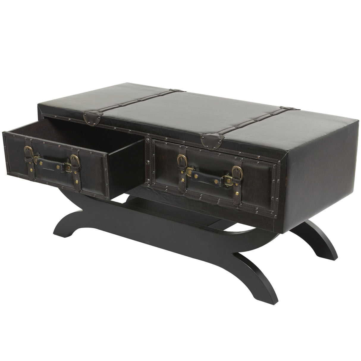 Deco 79 Faux Leather Living Room Coffee Table Vintage Faux Leather 2 Drawer Table with Curved Style Leg Stand, Center Table 40" x 19" x 21", Brown Deco 79