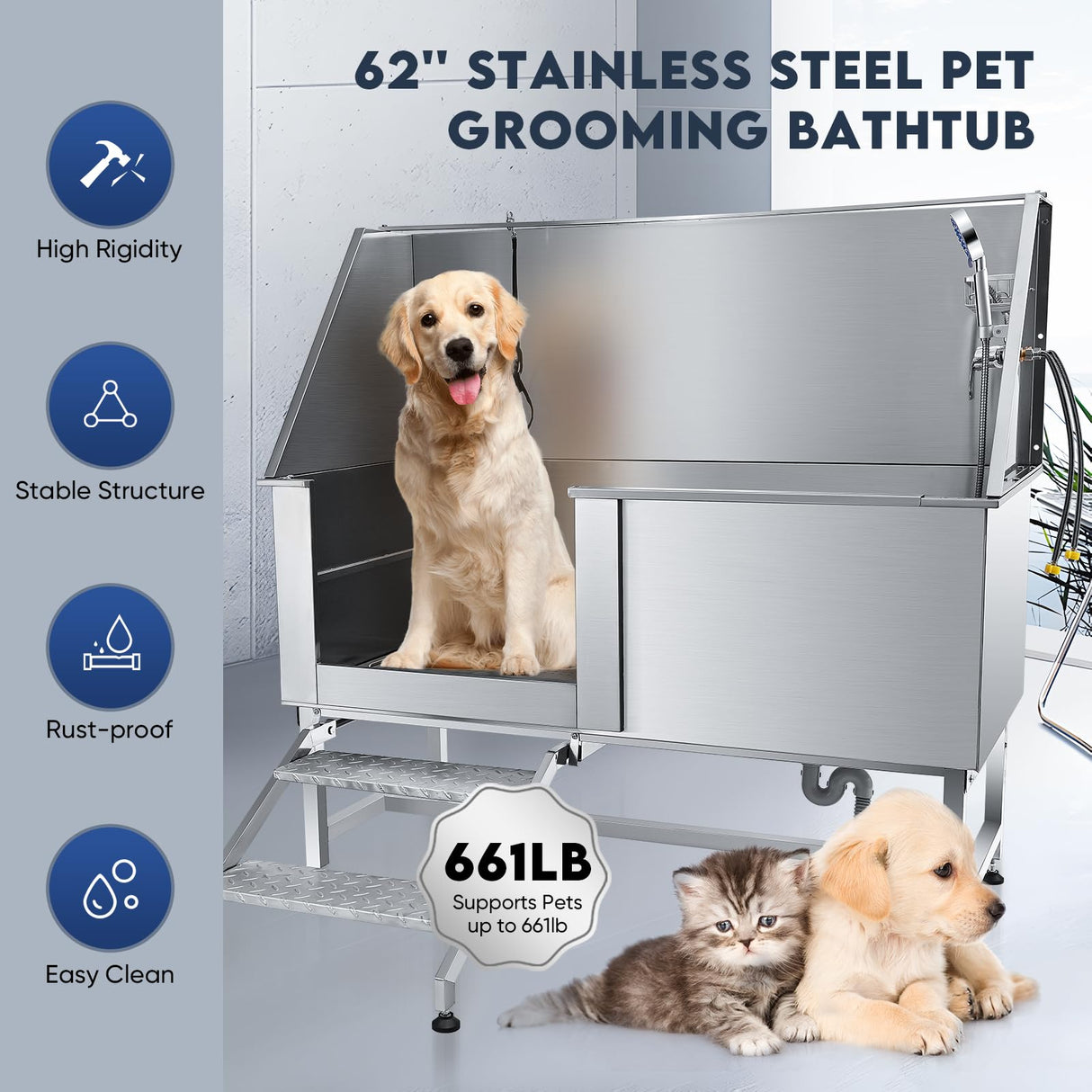 Yokrawpet 62" Pet Dog Bathing Station,Professional Stainless Steel Dog Grooming Tub,Pet Bathing Tub Dog Bathing Station with Faucet Walk-in Ramp Accessories,Commercial or Household use, (Extra Large) Yokrawpet