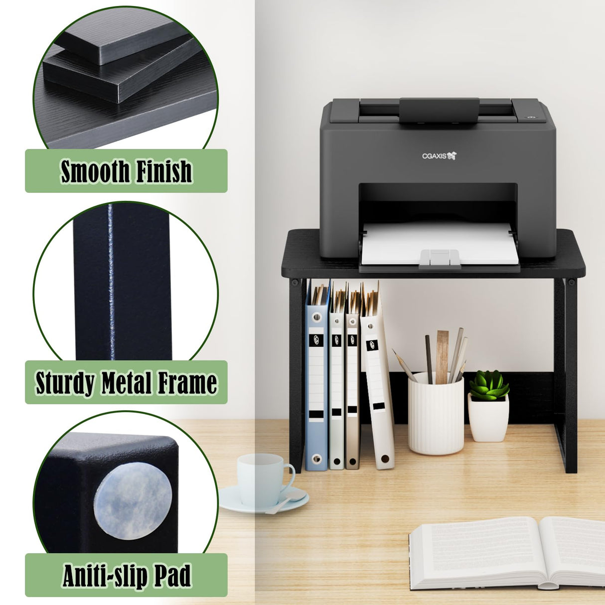 MARTY Printer Stand with Storage for Desk, Desktop Printer Stand Shelf Organzier for Home/Office Heavy Duty Printer Riser Under Desk Small Printer Table for Fax Machine Copier Scanner(Black) MARTY