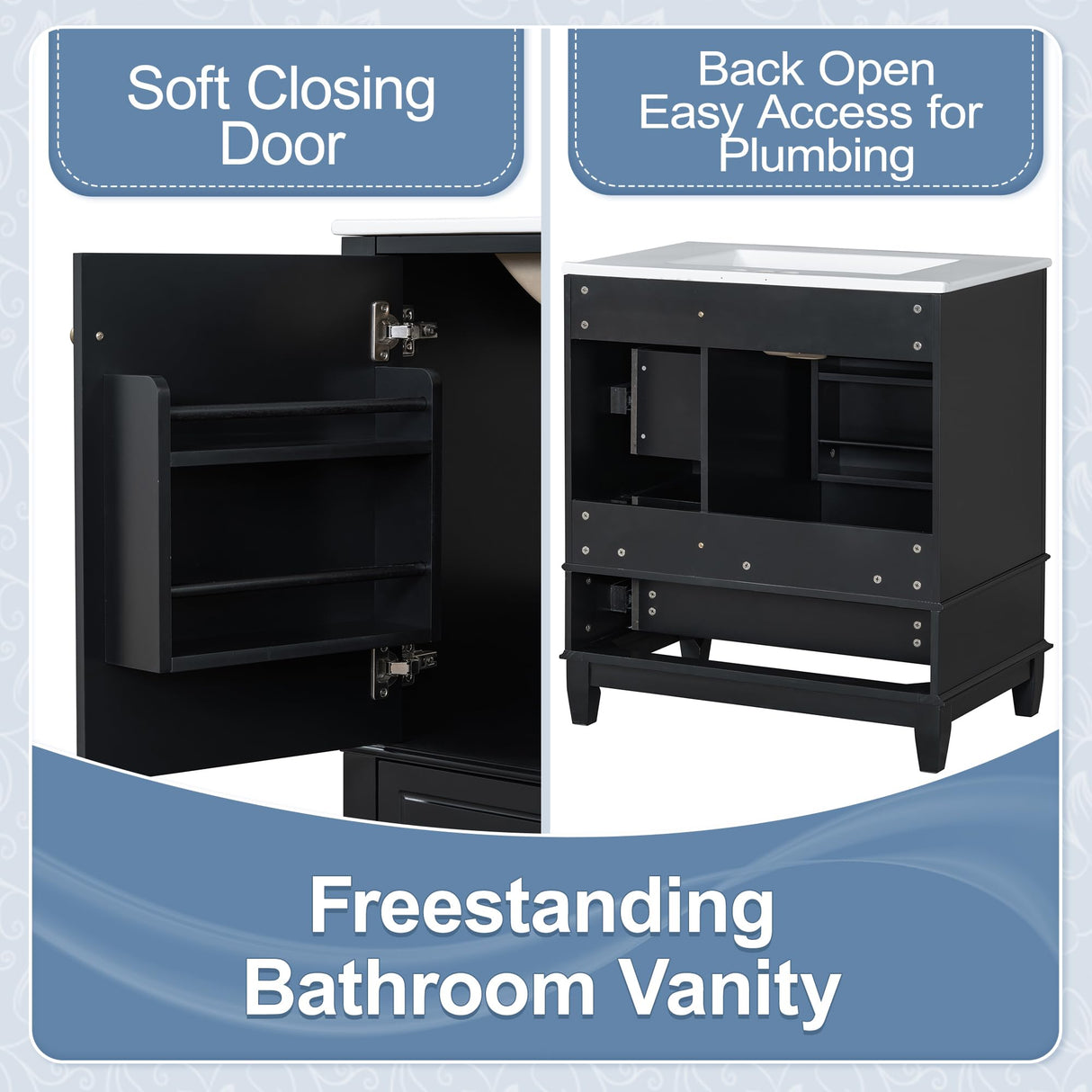 30" Bathroom Vanities with Ceramic Sink, Storage Cabinet with 3 Drawers and Door Shelf, Soft-Closing Door, Solid Wood Legs, Black Merax