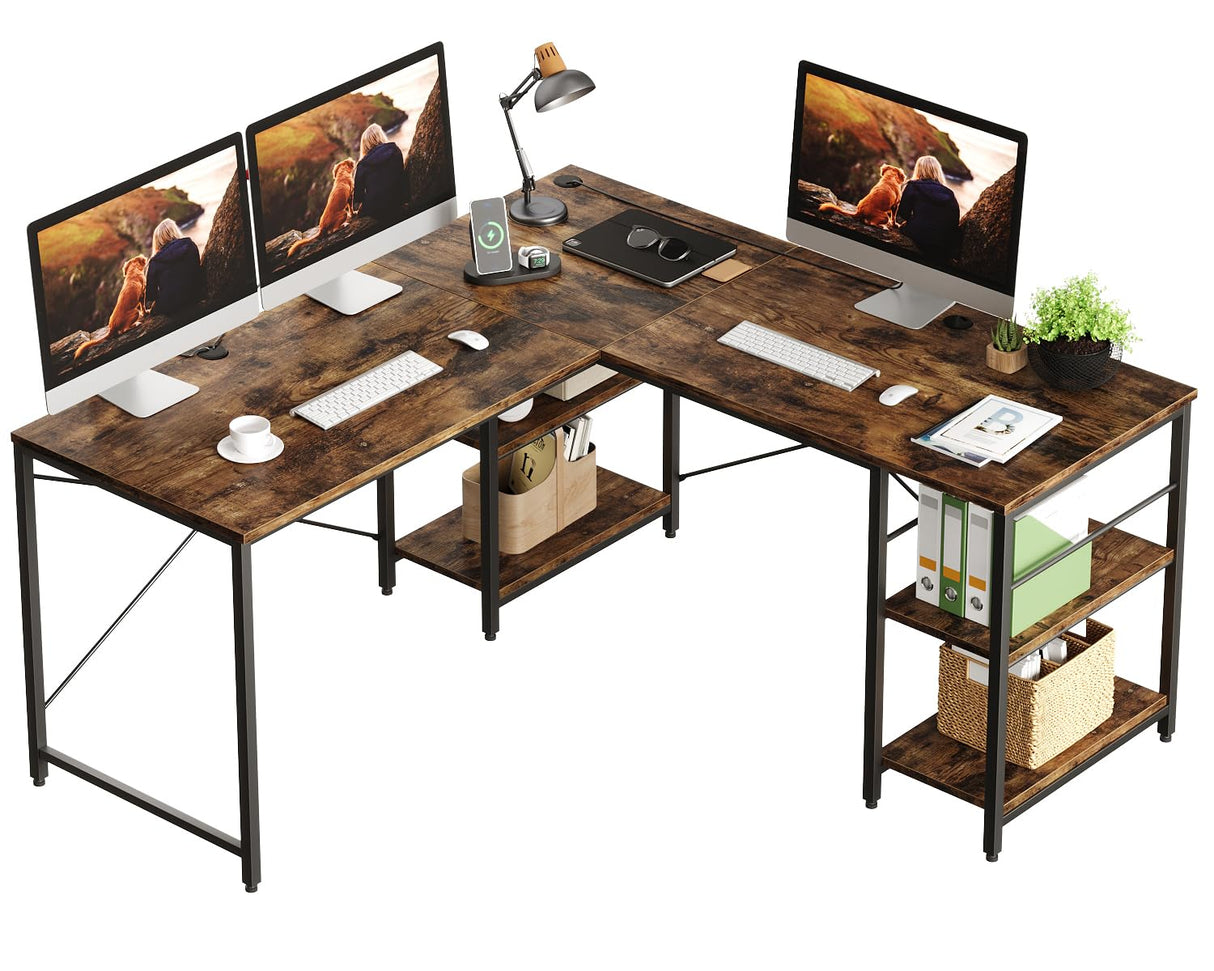 Bestier L Shaped Desk, 95.2 Inch Reversible Corner Computer Desk with Shelves, 2 Person Long Table for Home Office, Large Writing Storage Workstation with 3 Cable Holes, Rustic Brown Bestier