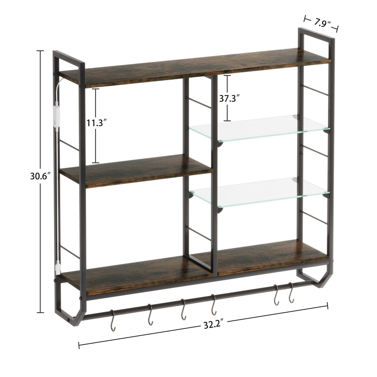 EYCOAL Gaming Floating Shelves, Wall Mounted Wooden Decor Display Shelf with 34" LED Lights and Adjustable Glass Bar Wine Shelf, Extra Hanging Hooks Storage for Gaming Room and Living Room EYOCAL