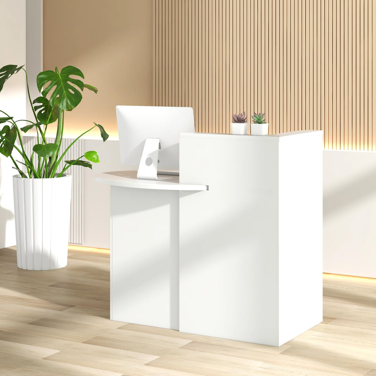 Giantex Reception Desk, Front Counter Desk with Lockable Drawer, Checkout Table with Round Tabletop, Corner Shelf & Adjustable Shelf for Office Beauty Salon Retail Store (White) Giantex