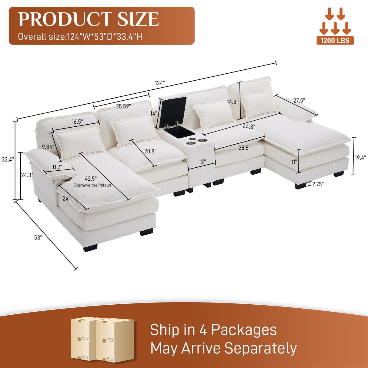 ONEMMLION U Shaped Cloud Couch Sectional Sofa, 124" Comfy Fluffy Chenille White Sectional Couches for Living Room with Double Chaise Lounge, Modern Modular Sectional Sofa with Central Console USB Port ONEMMLION