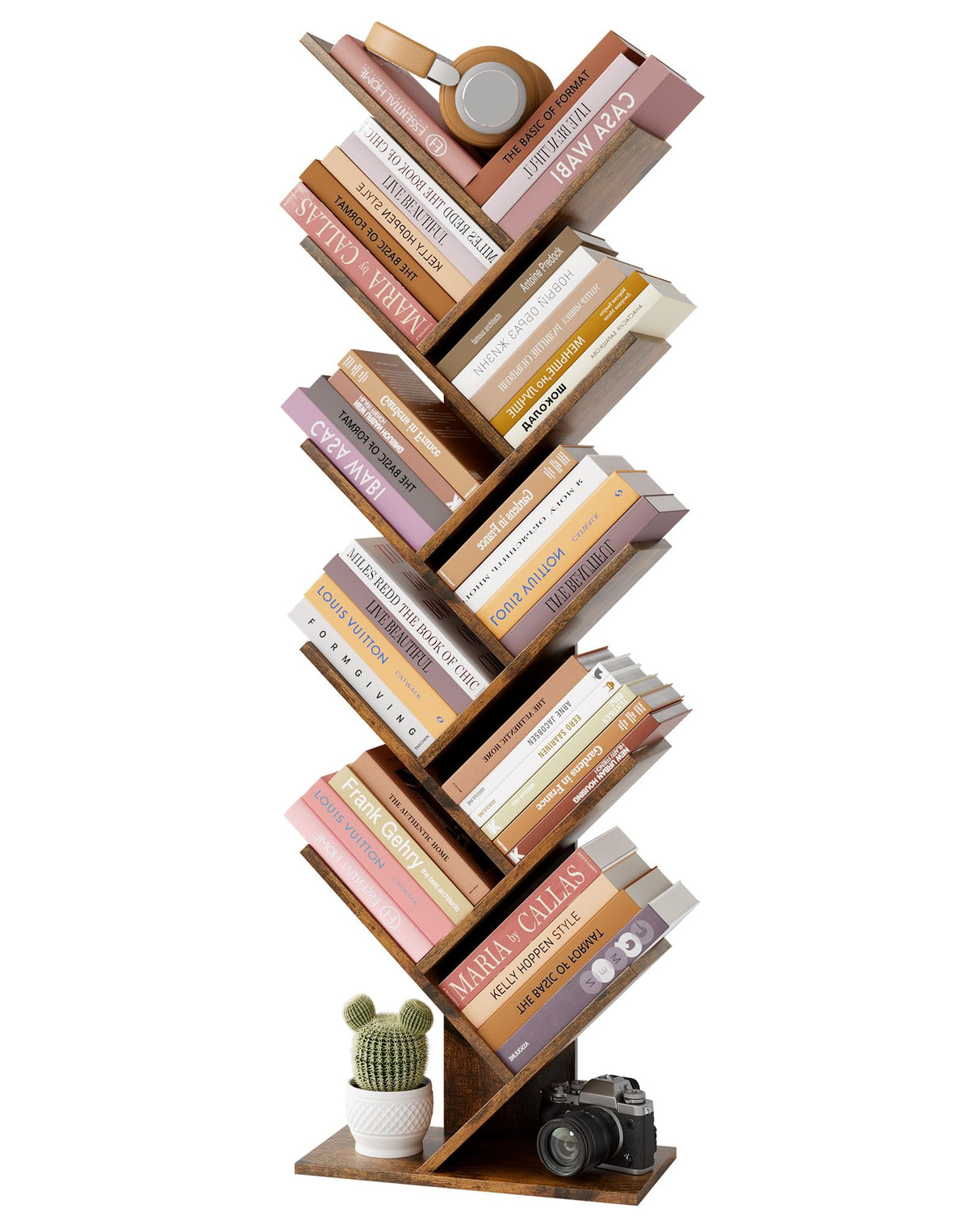 Hoctieon 10 Tier Tree Bookshelf, 10 Shelf Bookcase, Free Standing Tree Bookcase, Display Floor Standing Shelf for Books, Book Organizer Shelves for Home Office, Living Room, Bedroom, Rustic Brown Hoctieon