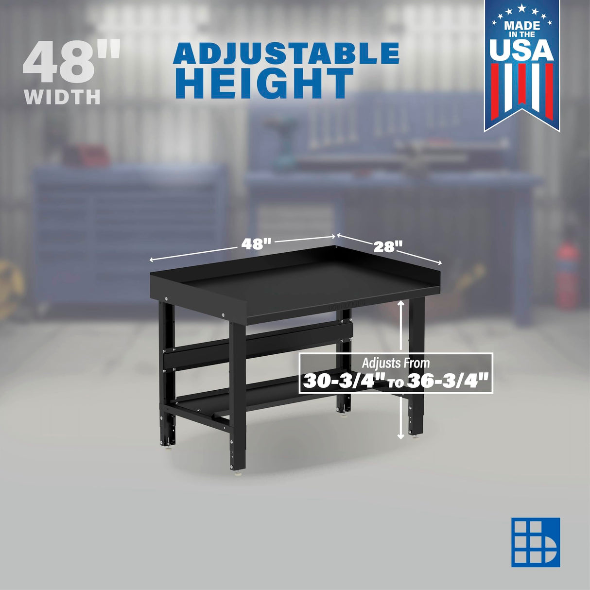 Borroughs 48" Adjustable Workbench, Steel Heavy-Duty Workstation with Bottom Shelf & Edge Guards, 2000 LB Capacity Worktable for Workshop, Garage, School, Office, Home, 48" W x 28" D Borroughs
