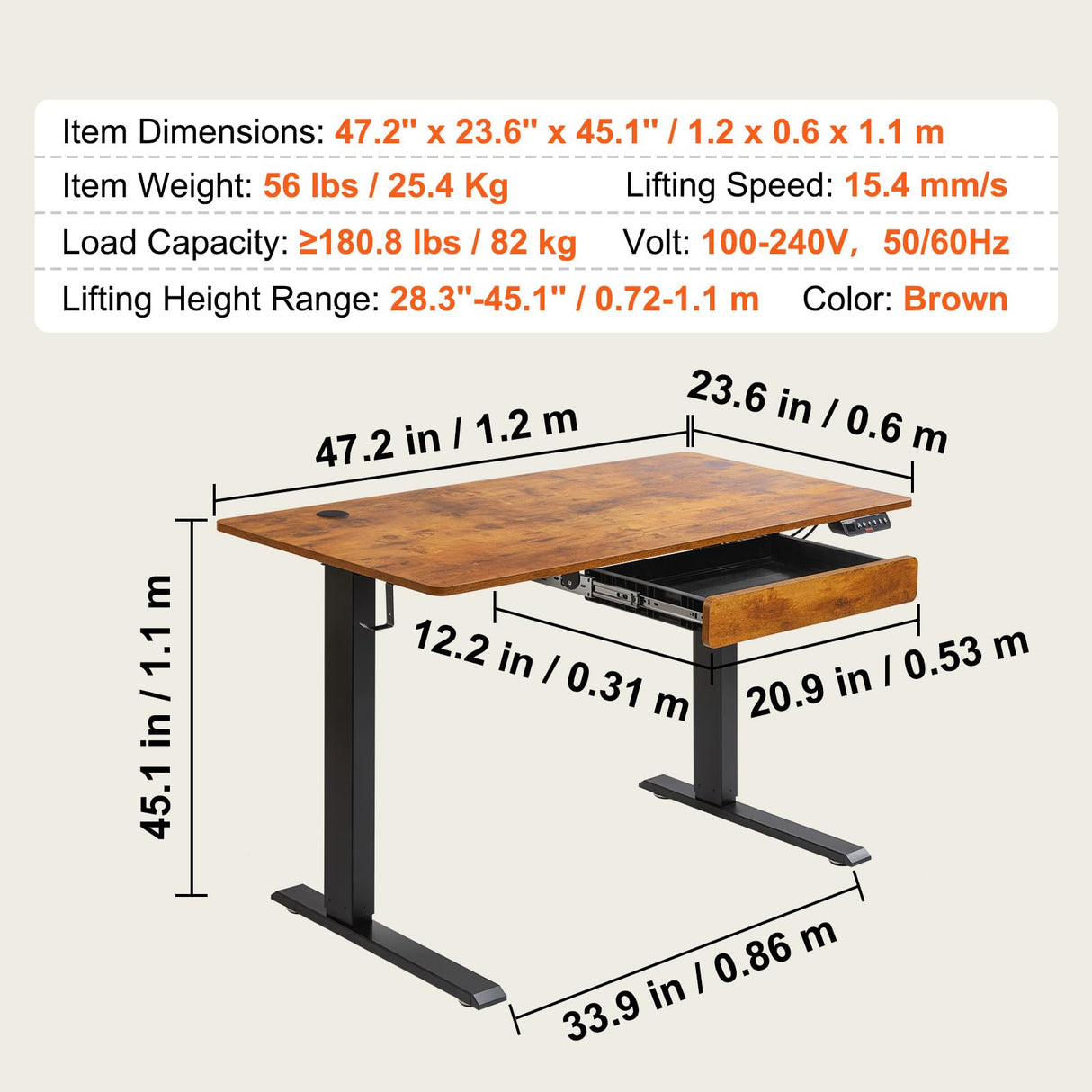 VEVOR Standing Desk with Drawers 47.2 x 23.6 Inch Adjustable Desk with Whole Piece Desk, Electric Standing Desk 180 LBS Height Adjustable Desk Sit Stand Up Desk for Home Office VEVOR