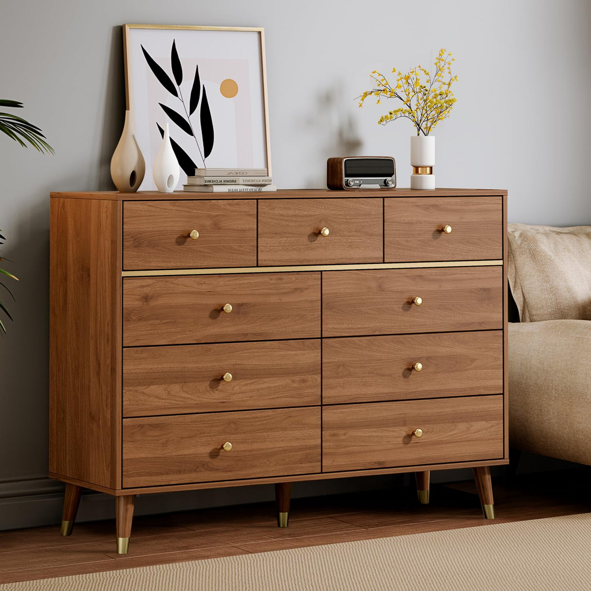 Chrangmay 9 Drawers Dresser for Bedroom,35.4" Tall Wood Rustic Modern Chest of Drawers with Natural Texture,with Anti-Tipping Device, Storage Dressers Organizer for Bedroom, Living Room,Chestnut Chrangmay