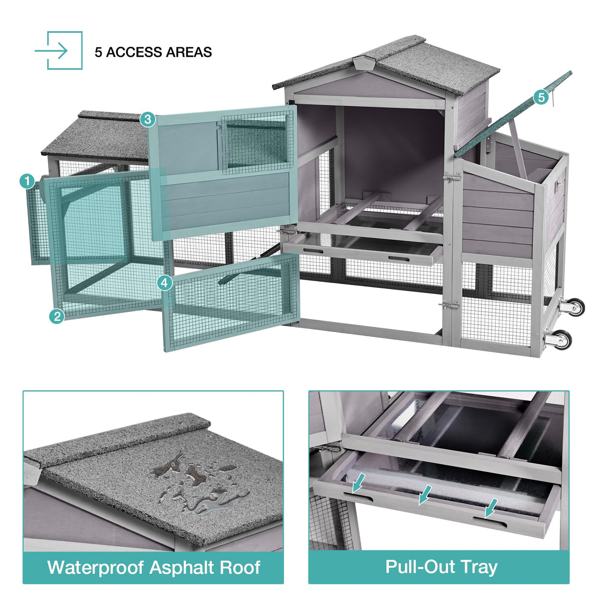 Wooden Chicken Coop with Wheels, Mobile Hen House 80" Outdoor Poultry Cage with Nesting Box Run Suumerpety
