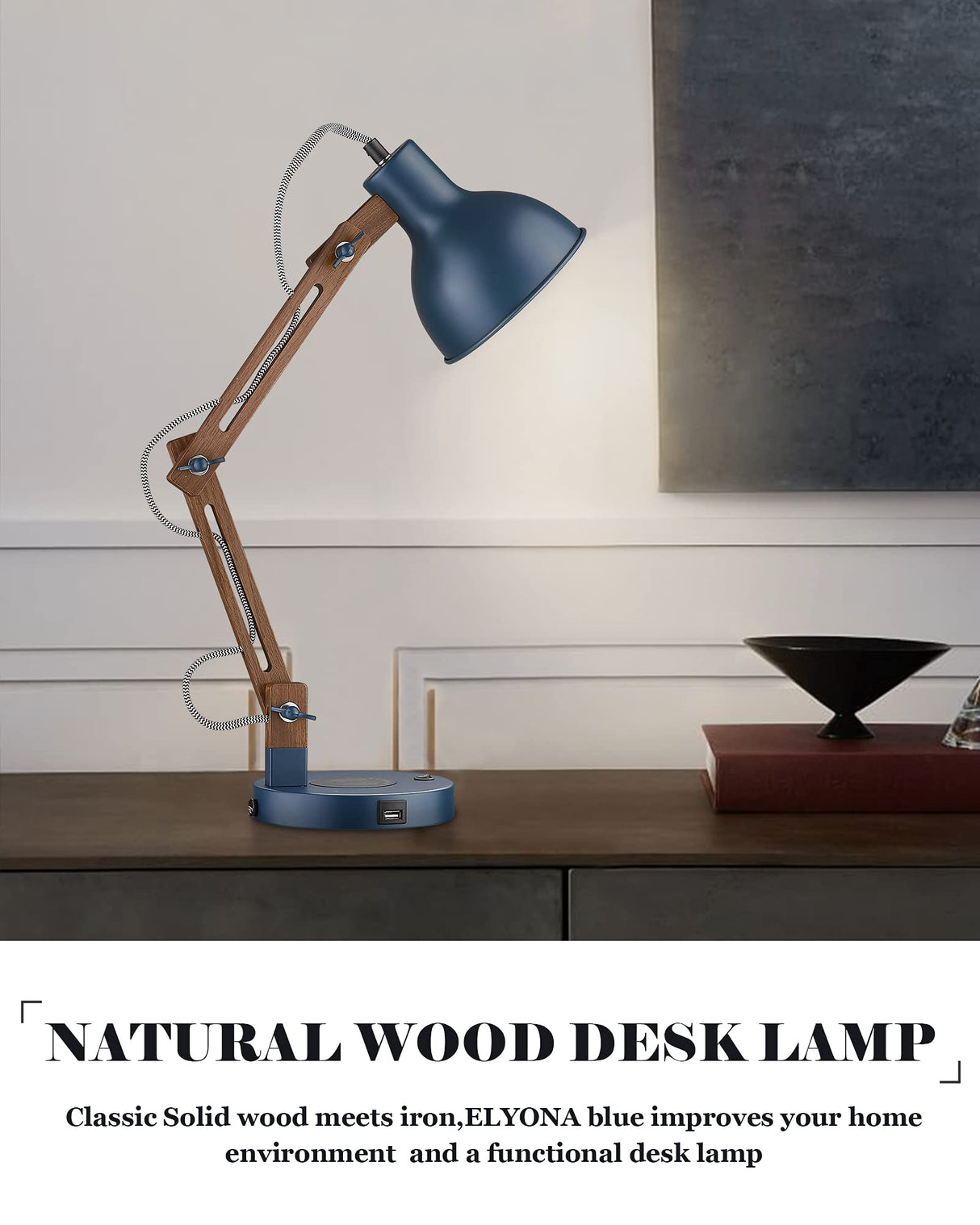 ELYONA Sapele Wood Desk Lamp with Upgraded Wireless Charger, Swing Arm Table Lamp with USB C Charging Port, Reading Task Light for Bedroom, Dorm, Office, Living Room, LED Bulb Include, Modern Blue ELYONA