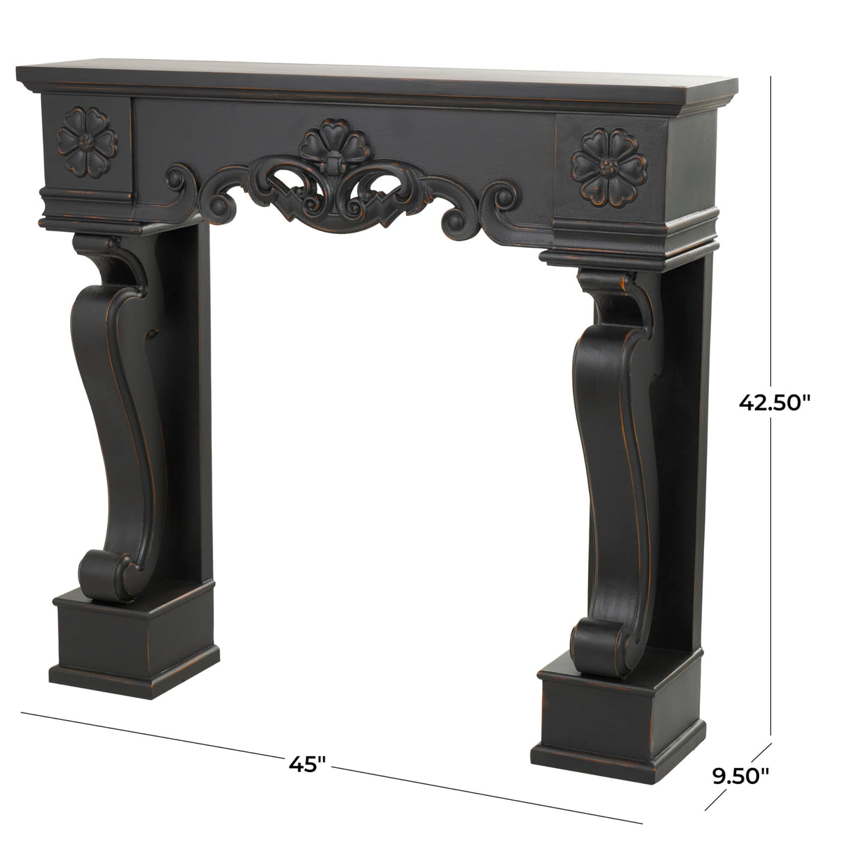 Deco 79 Wood Scroll Freestanding Fireplace Mantle with Floral Accents, 45" x 10" x 43", Black Deco 79
