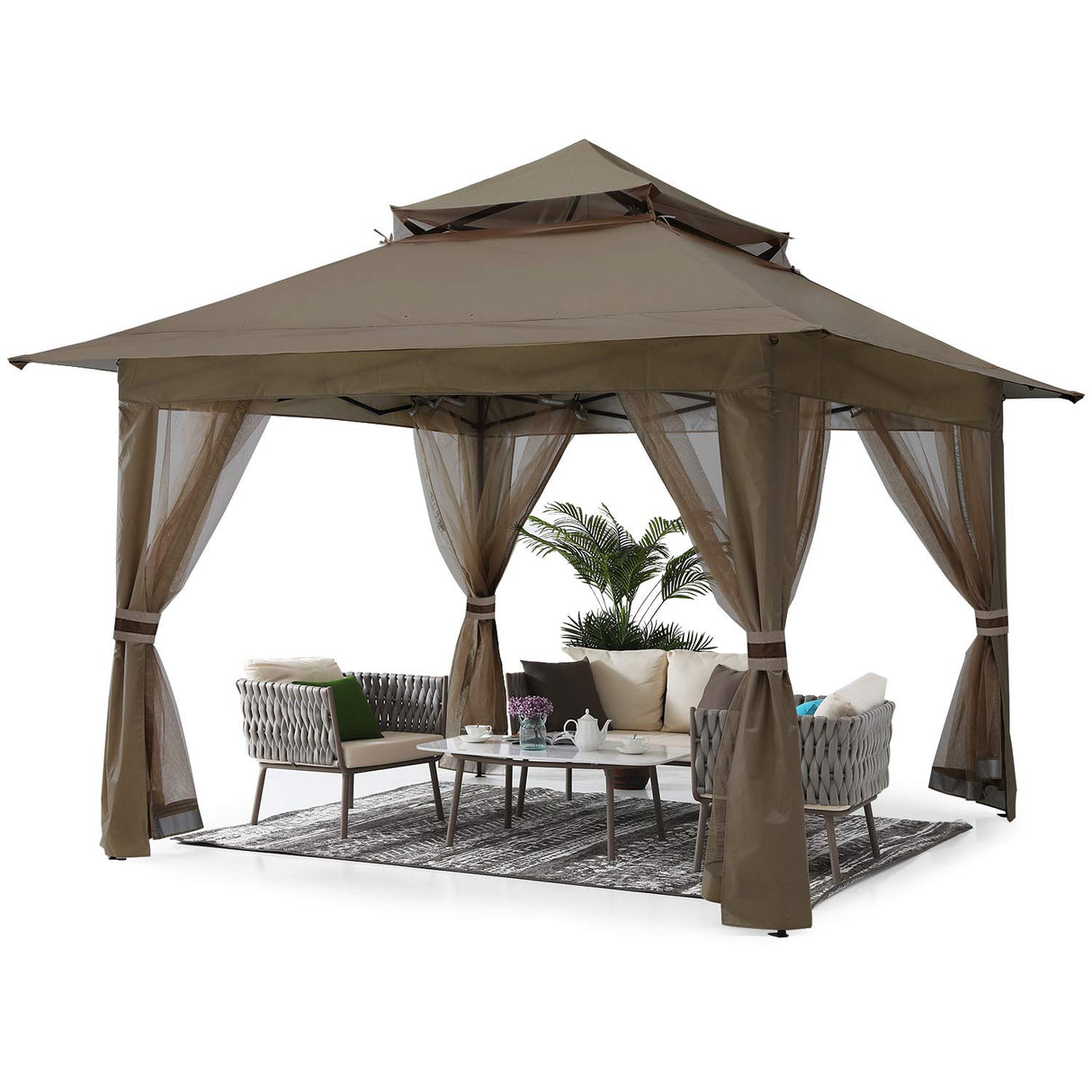 ABCCANOPY Pop Up Gazebo 13x13 - Outdoor Canopy Tent with Mosquito Netting for Patio Garden Backyard (Brown) ABCCANOPY
