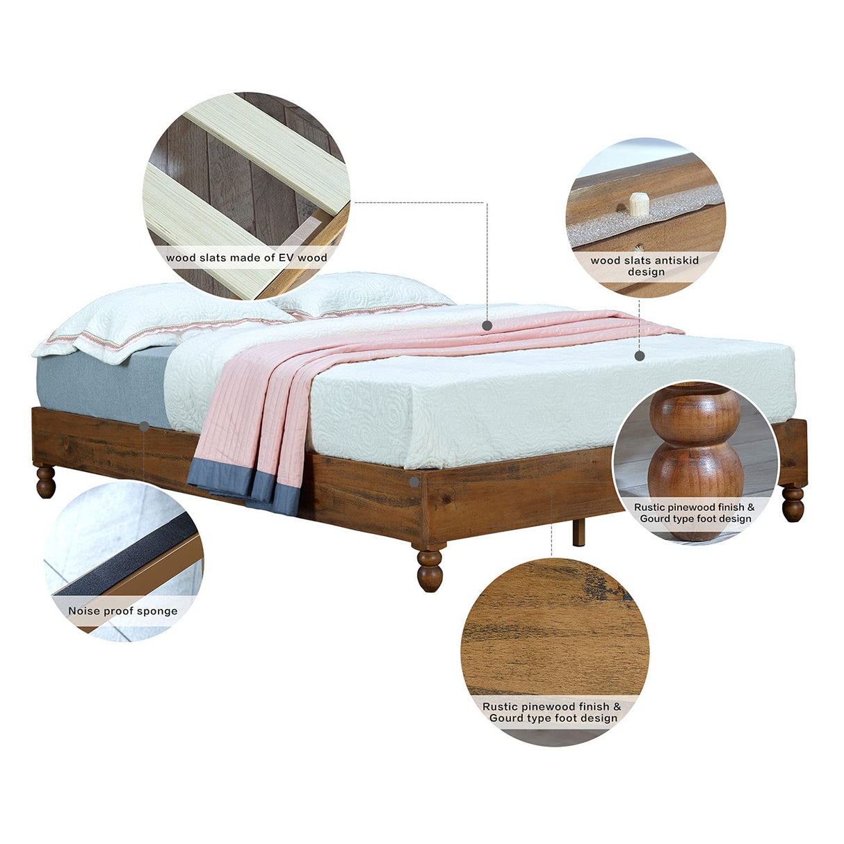 MUSEHOMEINC 12 Inch Rustic Solid Pine Wood King Bed Frame - No Boxspring Required MUSEHOMEINC