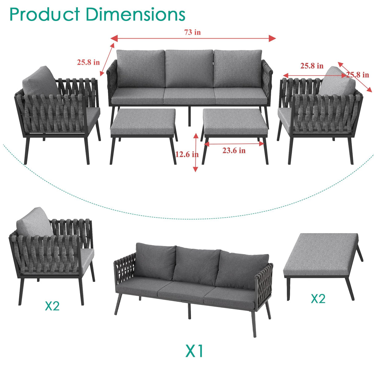 HOMREST Metal Patio Furniture Set, 5 Pieces Outdoor Aluminum Furniture w/High Back Chairs, Woven Rope Modern Patio Conversation Set for Balcony, Garden, Yard (7 Seats, Grey) HOMREST