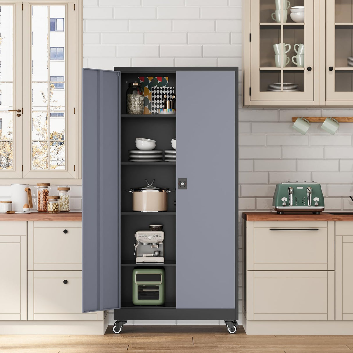 Fesbos Metal Rolling Storage Cabinet-74.6” Tall Steel File Cabinets with Wheels Lockable Doors and Adjustable Shelves-Black & Gray Steel Storage Cabinet for Home, School, Office, Garage Fesbos