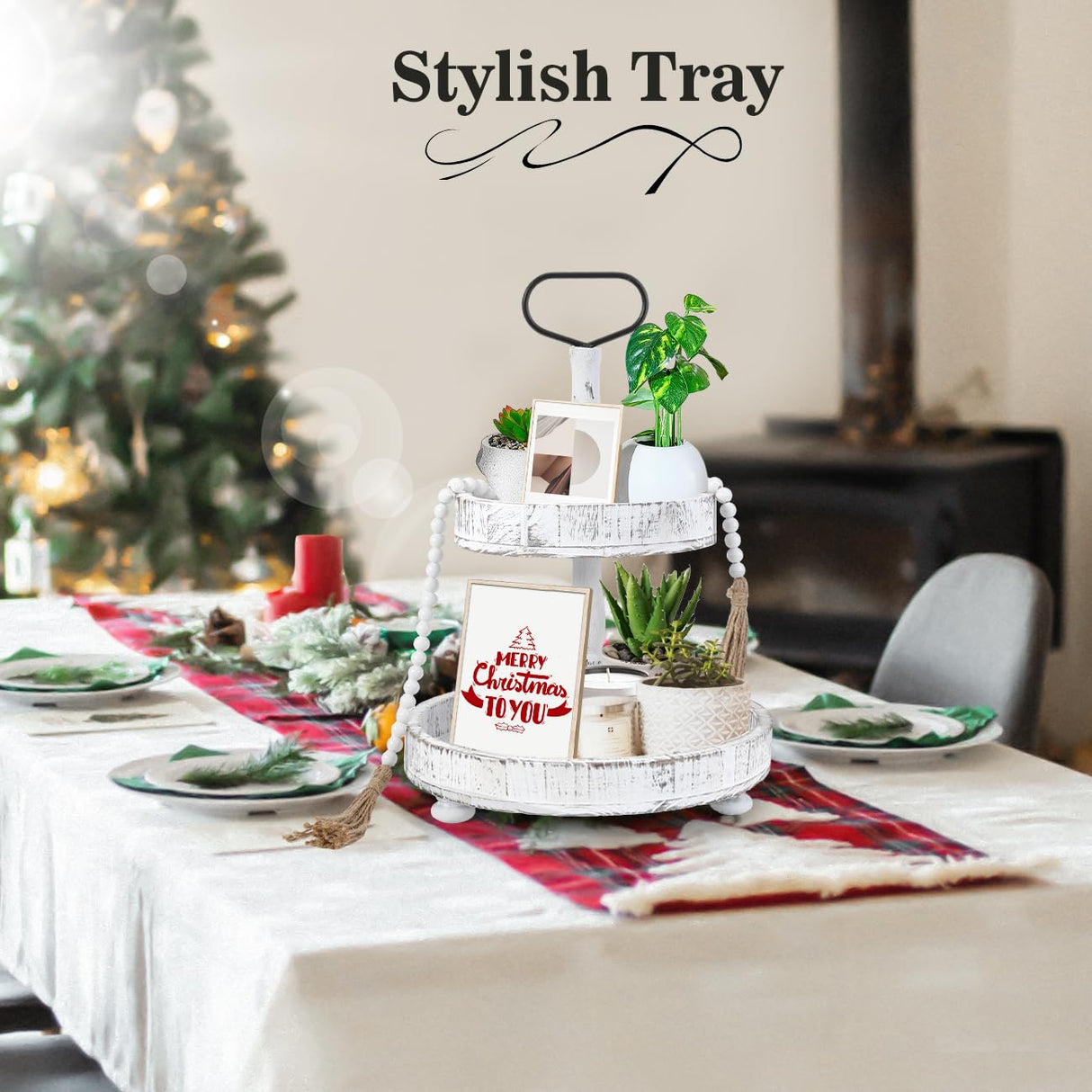 Luxspire Tiered Tray Stand, 2 Tiered Tray Decor with Wooden Beads Garland, Farmhouse Decorative Tray, 2 Tier Serving Tray for Coffee Bar Kitchen Island, Christmas Decor, Rustic White Luxspire