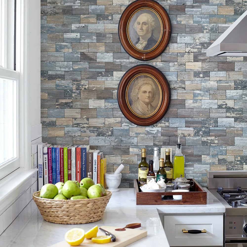 DICOFUN Distressed Wood Peel and Stick Backsplash Wall Tiles, 12"x12" Thick PVC Subway Tile for Kitchen Backsplash, 10 Sheets DICOFUN