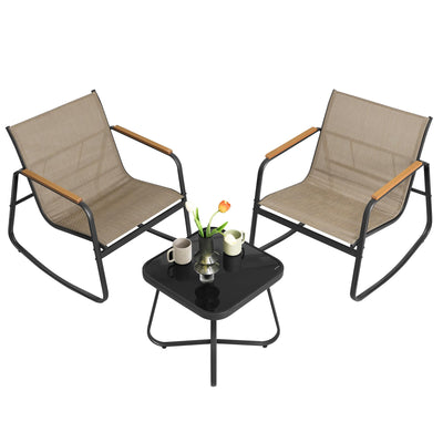 SONGMICS 3-Piece Patio Furniture Set, Garden Coversation Set, 2 Rocking Chairs, Table, Outdoor Lawn Backyard, Steel, with Armrests, Breathable Synthetic Fabric, Yellowish Brown UGGF0027K01