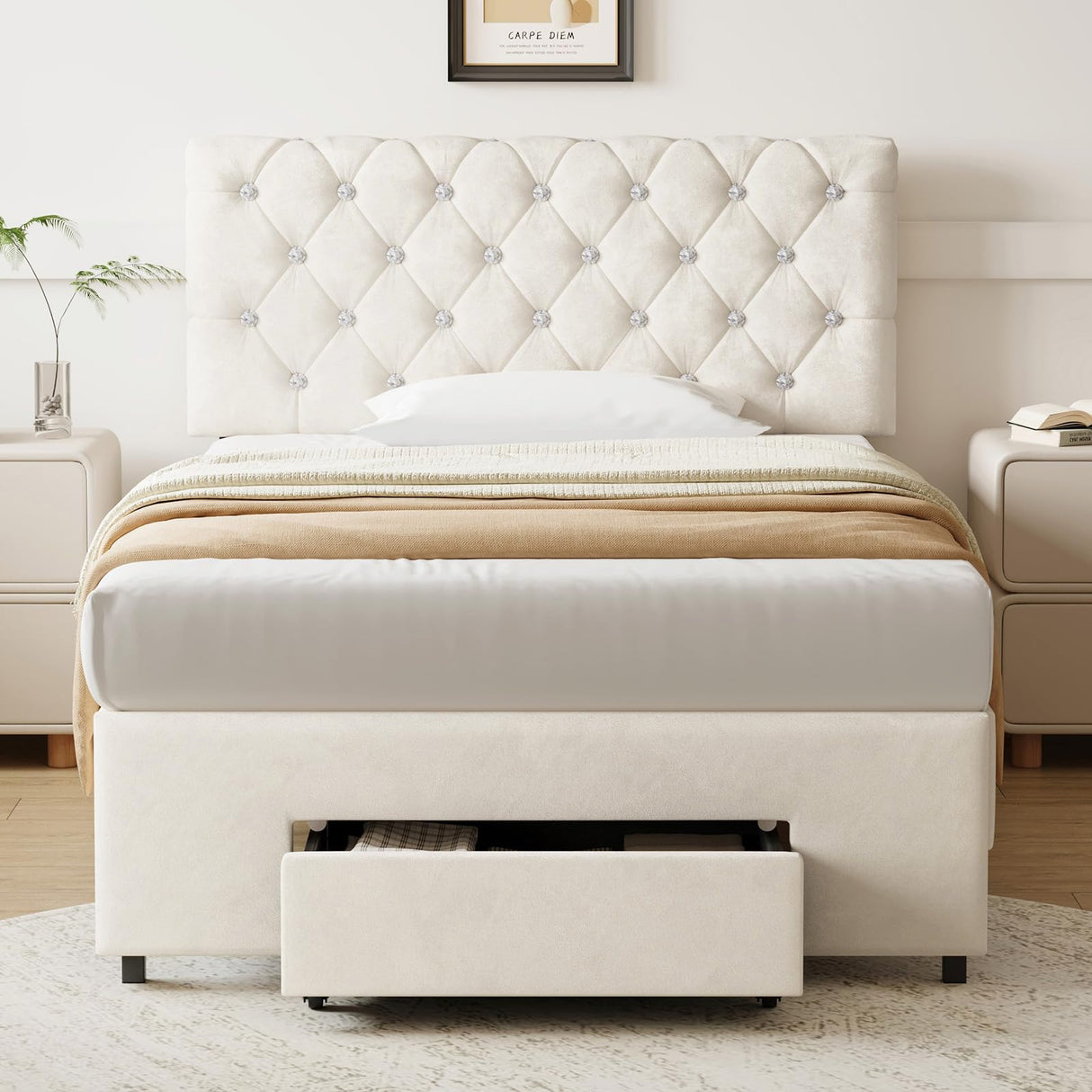 Belffin Twin Size Bed Frame with 1 Storage Drawer, Upholstered Bed Frame with Adjustable Diamond Headboard, Velvet Modern Platform Bed Frame, No Box Spring Needed, Easy to Assemble, Beige Belffin