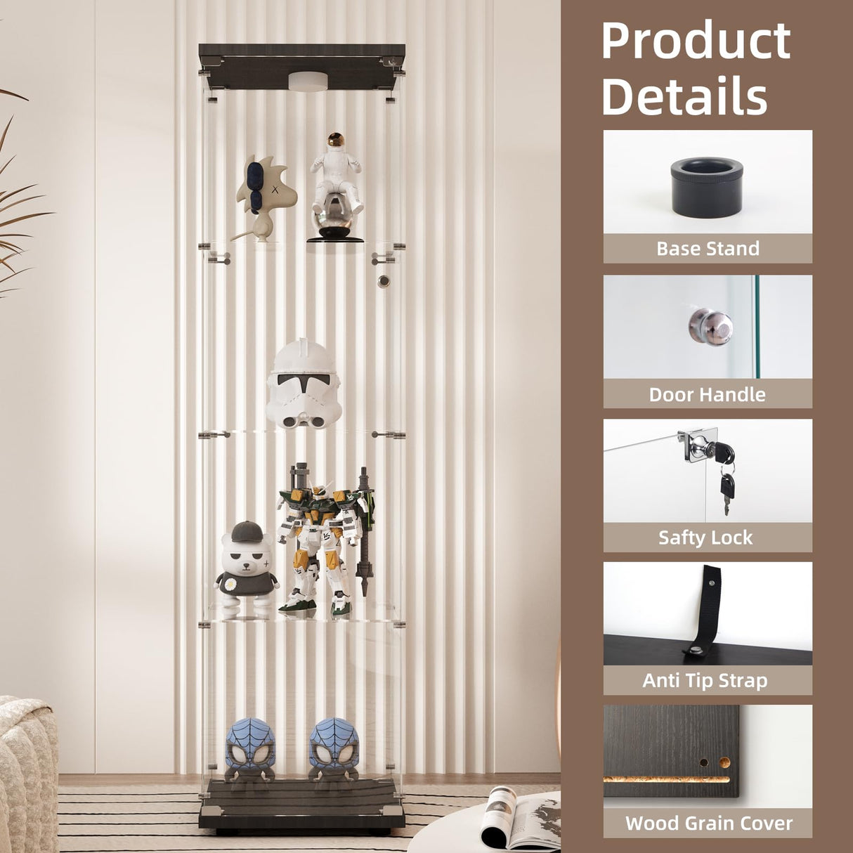 Beauty4U Glass Display Cabinet with Light, 4 Shelves, Curio Cabinets for Living Room, Bedroom, Office, Black Floor Standing Glass Bookshelf, Quick Installation Beauty4U