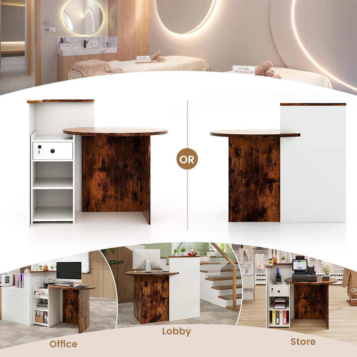 SILKYDRY Reception Desk, Small Retail Checkout Counter with Lockable Drawer and Open Shelves, Wooden Computer Workstation for Home Office Lobby, White Oval Desktop & Brown Counter SILKYDRY