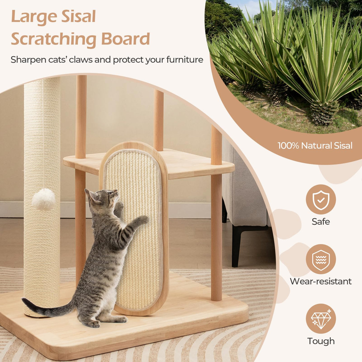 PETSITE 44 Inches Cat Tree, Multi-Level Modern Cat Tower with Sisal Scratching Post and Board, Padded Top Perch, and Hanging Balls, Minimal Wooden Cat Tree Tower for Indoor Cats Large Adult PETSITE