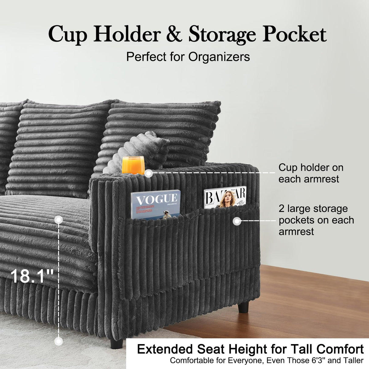 Kalafini 104'' Cloud Couch Loveseat, Oversized 4 Deep Seats Modular Sectional Sofa with Cup Holders & Storage, Plush Corduroy Upholstered Memory Foam Couches for Living Room, Apartment, Office (Grey) Kalafini