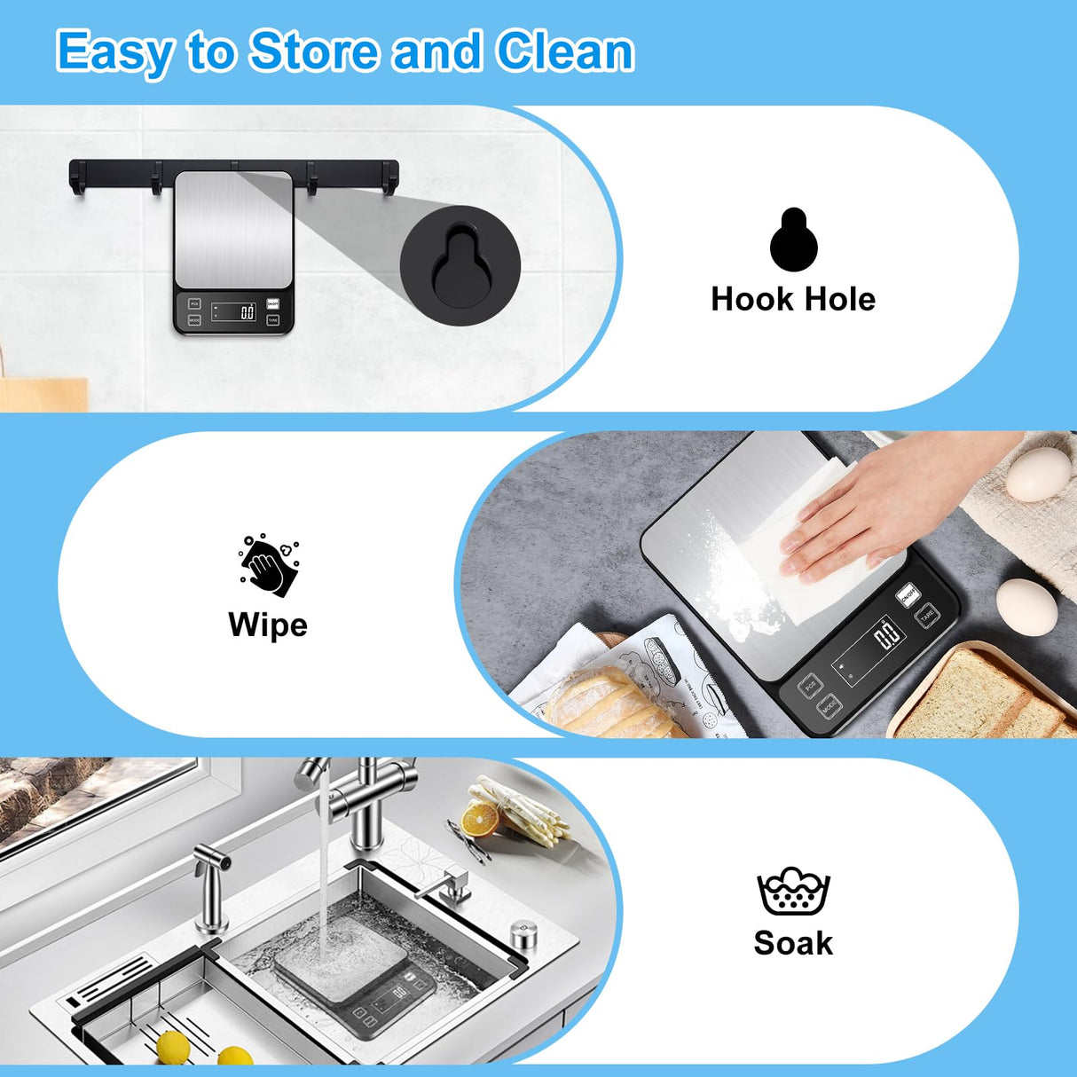 22lb Waterproof IPX67 Kitchen Scale with 0.1g/0.001oz High Precision, Diyife Large Stainless Steel Food Scale, 10 Unit, Washable, Hangable, USB Rechargeable, LCD Display, for Cooking, Baking Diyife