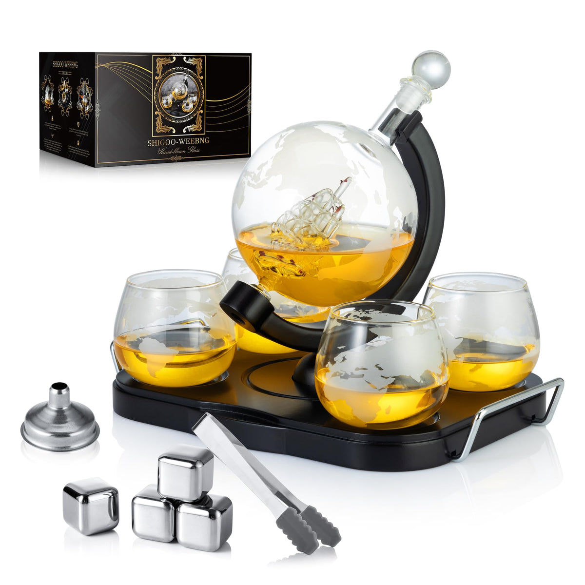 Whiskey Decanter Globe Set, Gifts for Men Husband Boyfriend Dad, with 4 Etched Whiskey Glasses, 4 Ice Cubes, Tong & Funnel, Decanter for Liquor, Bourbon, Scotch, Whisky, Vodka Brandy SHIGOO