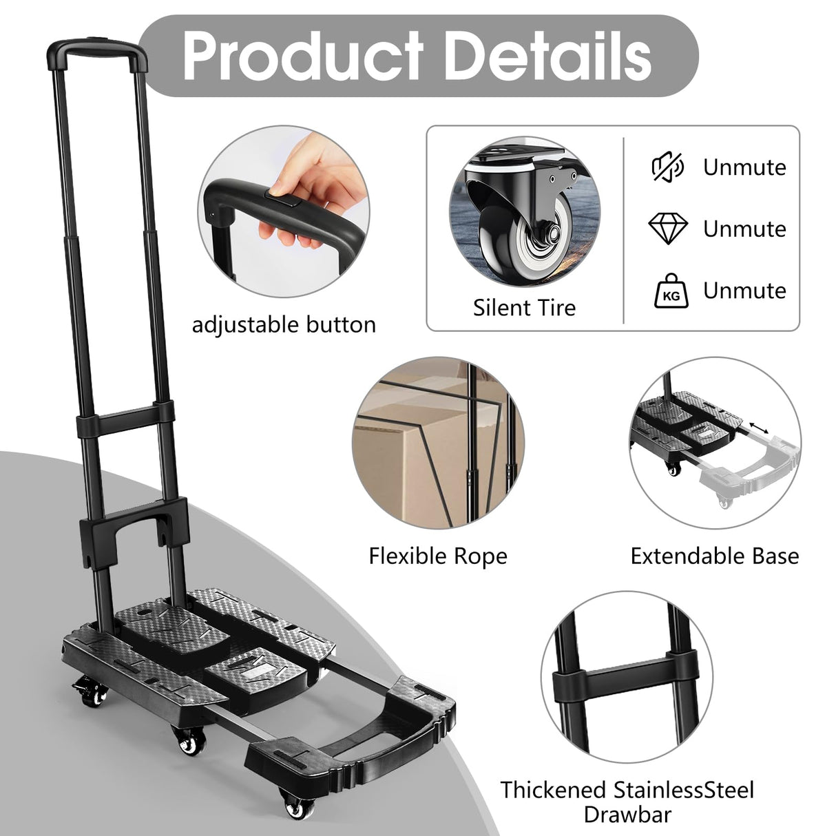 Voipvvii Folding Hand Truck, Portable Heavy Duty Dolly, 6 Wheels Collapsible Luggage Cart with 2 Elastic Ropes - Compact Trolley for Easy Moving - Ideal Hand Cart for Travel and More Voipvvii