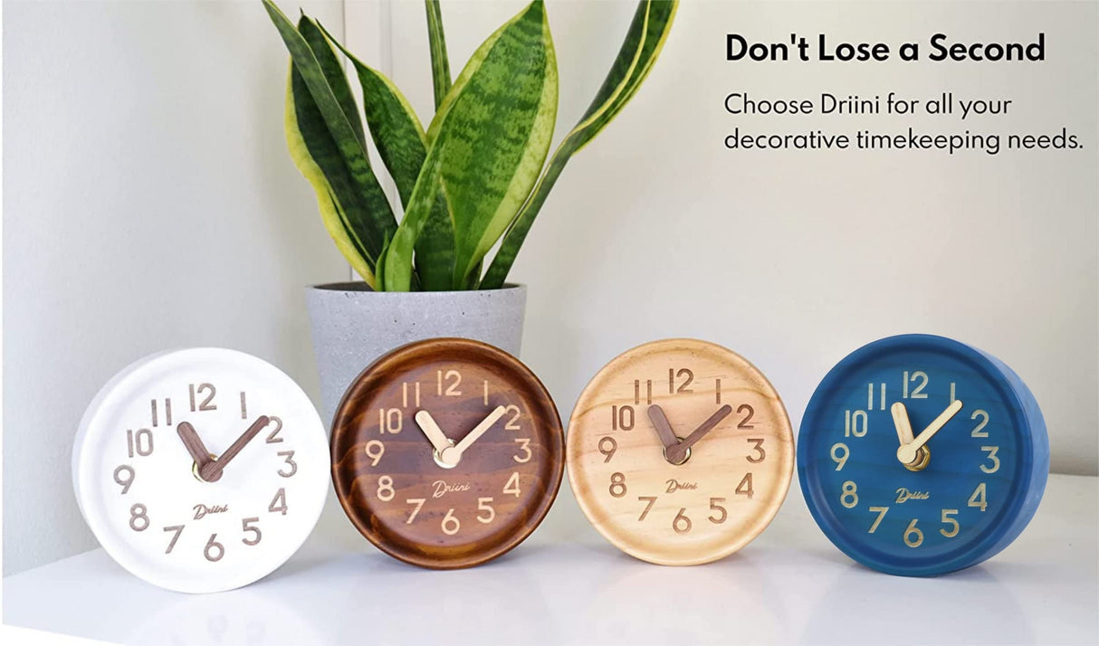 Driini Wooden Analog Desktop Clock – 4.3 in. Decorative Pinewood Clock, No-Tick Design – Easy to Read Silent Sweep Mantle Clock – Quiet Tabletop Clocks with Wood Body, Hands, & Battery Cover; Light Driini
