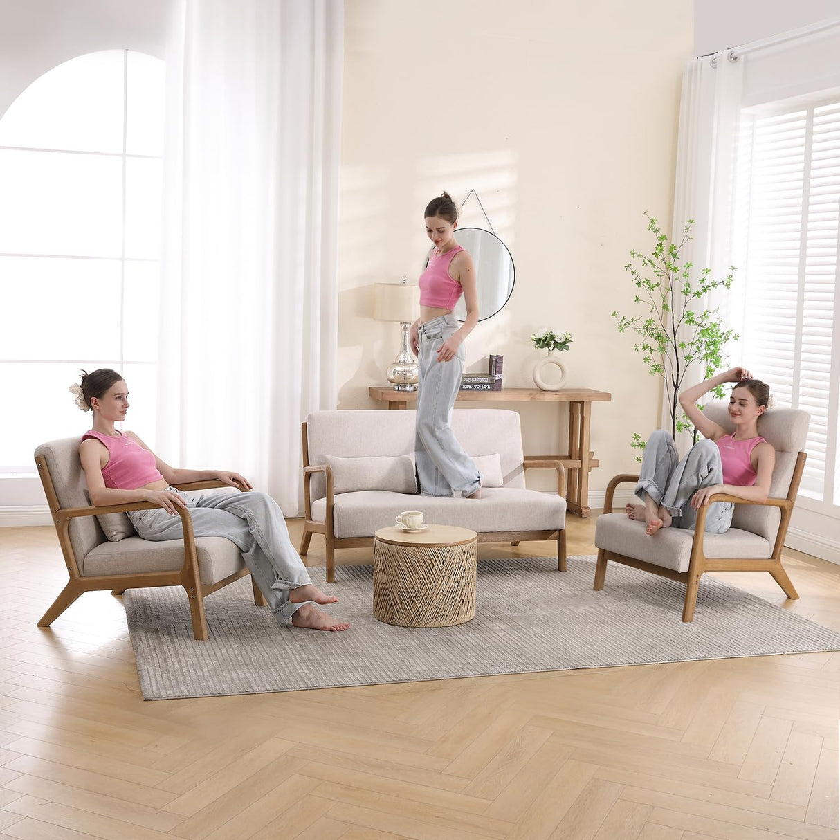 INZOY Mid Century Modern Accent Chair with Wood Frame, Upholstered Living Room Chairs with Waist Cushion, Reading Armchair for Bedroom Sunroom (Beige) INZOY