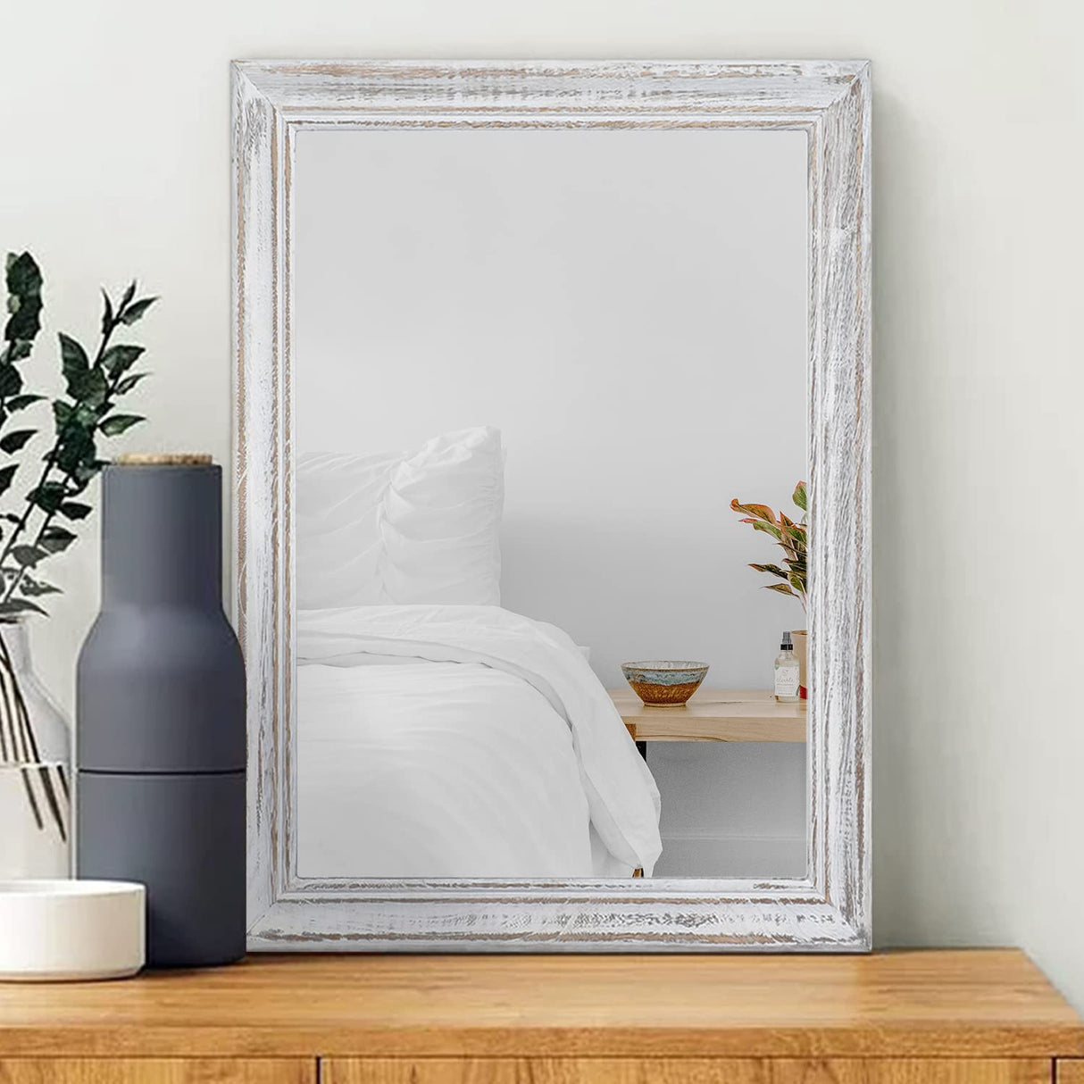 MWAZZLL Wall Mirror with Rustic Wood Frame Rectangle Mirrors for Wall Decorative Hanging Mirror for Bathroom Bedroom Farmhouse Living Room Small MWAZZLL