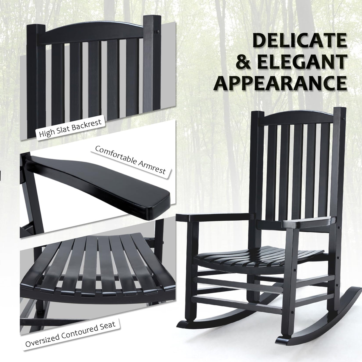 Hupmad Wooden Rocking Chair Rocker Outdoor Oversized Porch Rocker Chair,Patio Wooden Rocker with High Back and Armrest,All Weather Rocker Slatted for Backyard,Garden,400 lbs Support,Black Hupmad