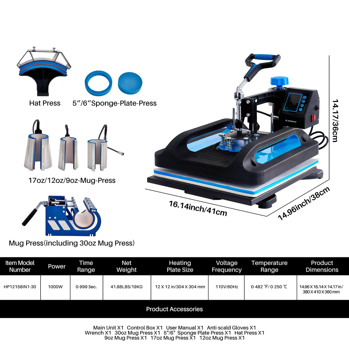 Roomark 12x15 inch Heat Press Machine, 8 in 1 Digital Press Machine, 360-Degree Swing Away, Multifunction Sublimation Combo Heat Transfer Machine for T-Shirts, Hats, Caps, Mugs and Plates Roomark