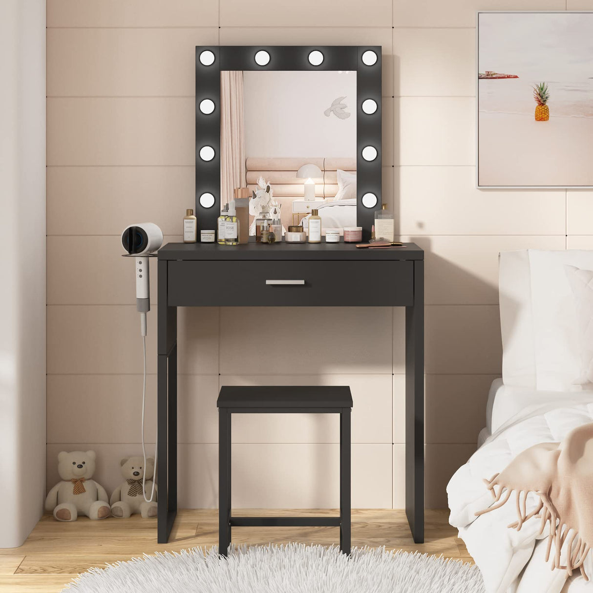 Titoni Makeup Vanity Desk with Mirror and Lights, Black Vanity Table and Chair Set, Brightness Adjustable, Small Vanity for Girls' Bedroom Titoni