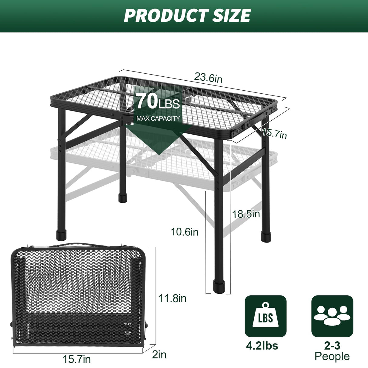 Folding Table, 2x1.3 FT Camping Table with Mesh Desktop,Folding Grill Table with Mesh Bag,Portable Outdoor Table for Picnic,Camping,BBQ,Beach(Black) WildFinder