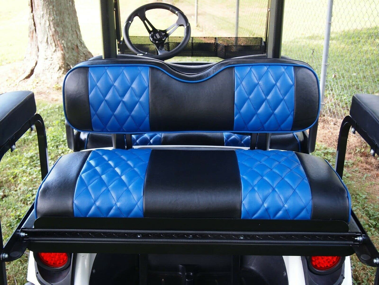 Huskey 4PCS Golf Cart Front/Rear Seat Covers for EZGO Medalist/TXT 94-13 Custom Two-Tone Black/Blue Diamond Stitching with Blue Piping, Marine Grade Huskey Parts Company