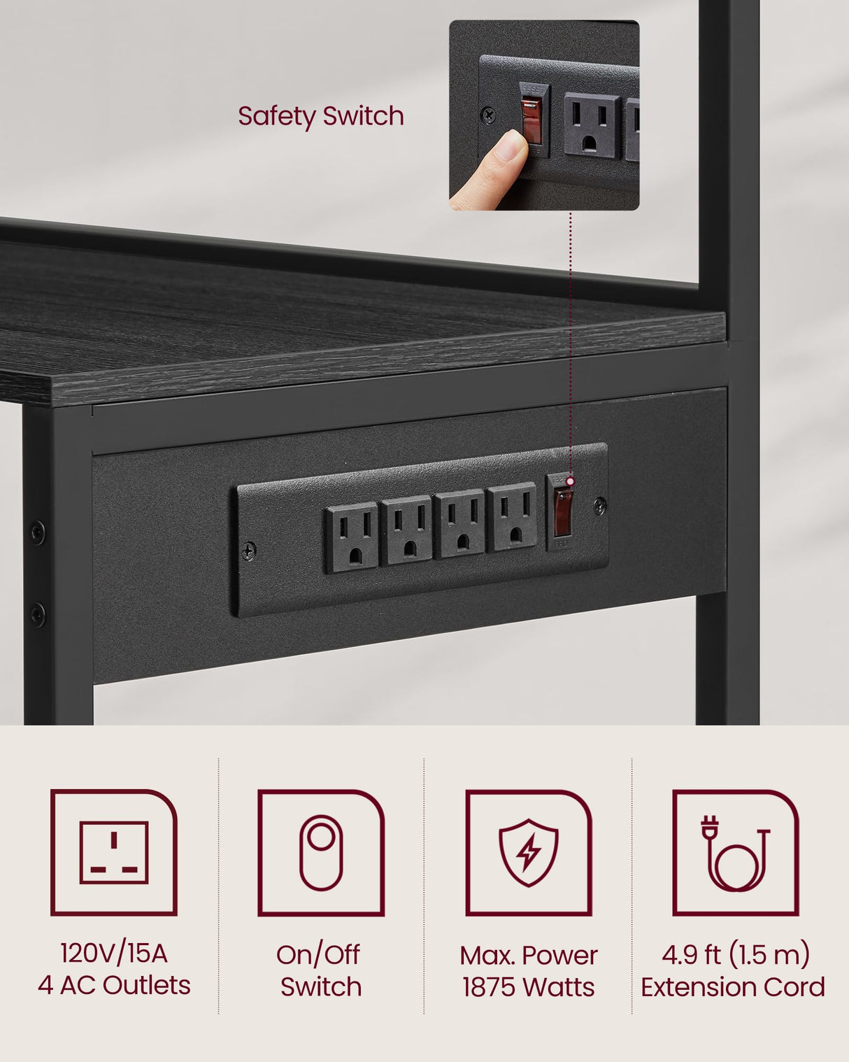 VASAGLE Bakers Rack with Power Outlet, 35.4 Inches Microwave Stand, Coffee Bar, 4 AC Outlets, with Adjustable Shelves, 8 S-Hooks, Basket, Spice Racks, Charcoal Gray and Ink Black UKKS031B22 VASAGLE